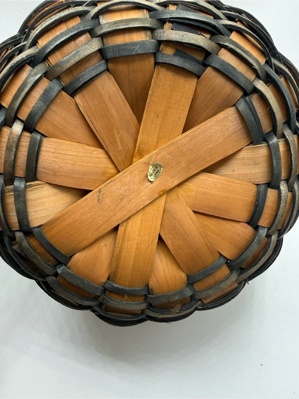 Woven Basket Cookie Jar Wooden Lid Plastic Liner Navy Blue Cotton Fabric Cover